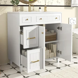 Badkamermeubel met keramische wastafel – 81,7 x 46,8 x 90 cm – met 2 lades + 2 deuren – MDF – wit Badkamermeubel met keramische wastafel – 81,7 x 46,8 x 90 cm – met 2 lades + 2 deuren – MDF – wit