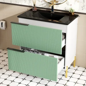 Badkamermeubel met keramische wastafel – 81,5 x 47 x 90 cm – met 2 lades – MDF – groen Badkamermeubel met keramische wastafel – 81,5 x 47 x 90 cm – met 2 lades – MDF – groen