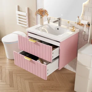 Badkamermeubel met wandmontage en keramische wastafel – 60,5 x 47,5 x 47 cm – met 2 lades – MDF – roze Badkamermeubel met wandmontage en keramische wastafel – 60,5 x 47,5 x 47 cm – met 2 lades – MDF – roze