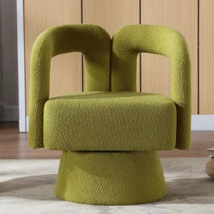 360° draaibare fauteuil in olijfgroene teddystof – dubbele boogrugleuning en modern design 360° draaibare fauteuil in olijfgroene teddystof – dubbele boogrugleuning en modern design