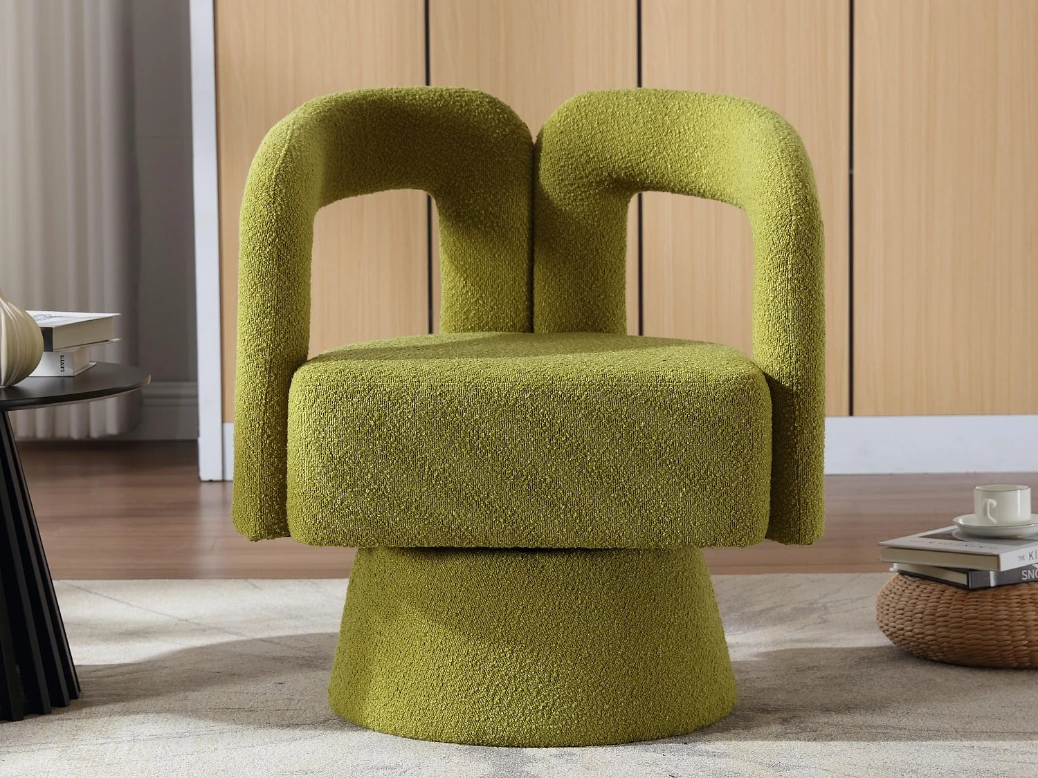 360° draaibare fauteuil in olijfgroene teddystof – dubbele boogrugleuning en modern design