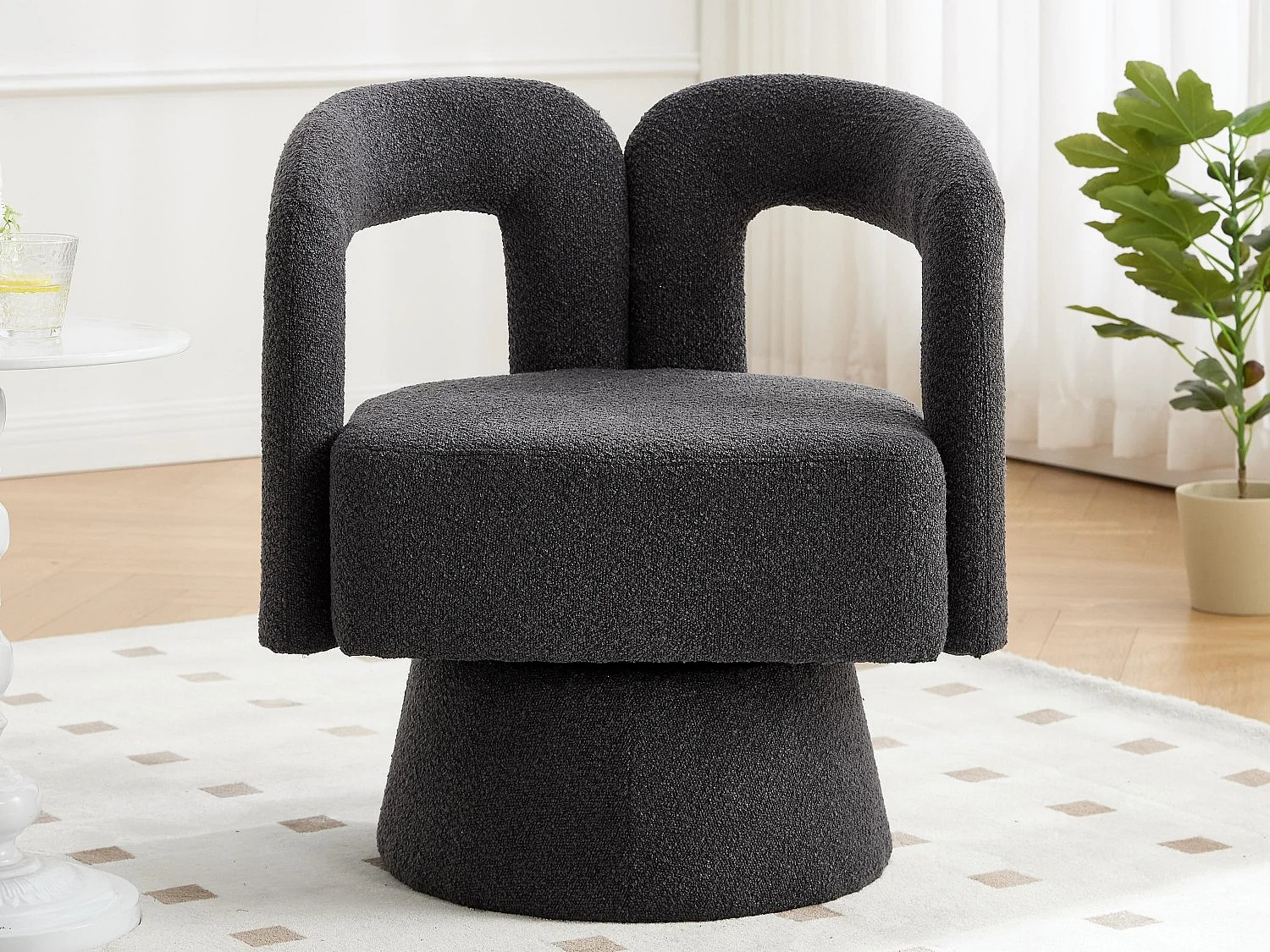 360° draaibare fauteuil in grijze teddystof – dubbele boogrugleuning en modern design