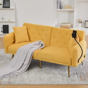 2-zits chenille slaapbank – Ingebouwde USB-poorten – Ingebouwde telefoonhouder – Verstelbare rugleuning – Voor woonkamer, slaapkamer of kantoor