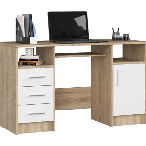 Bureau ANA met 3 Laden / Computerbureau / Computer Tafel / Bureautafel / Sonoma Eik – Wit / 124 x 77 x 52 cm Bureau ANA met 3 Laden / Computerbureau / Computer Tafel / Bureautafel / Sonoma Eik – Wit / 124 x 77 x 52 cm