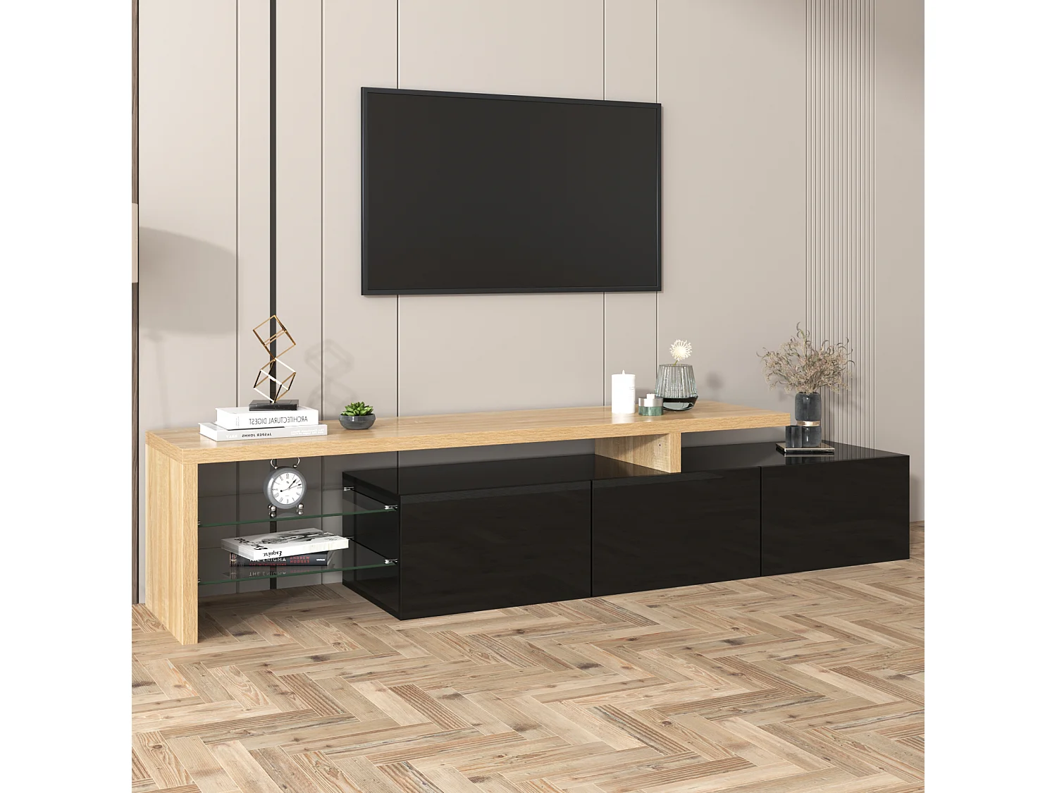 197 cm hoogglans zwarte tv-meubel met ledverlichting. Laag tv-meubel met glazen plank en 3 deuren.