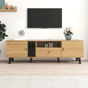 170cm TV-meubel in hout en zwart – Elegant dressoir met lades, veel opbergruimte en uniek design