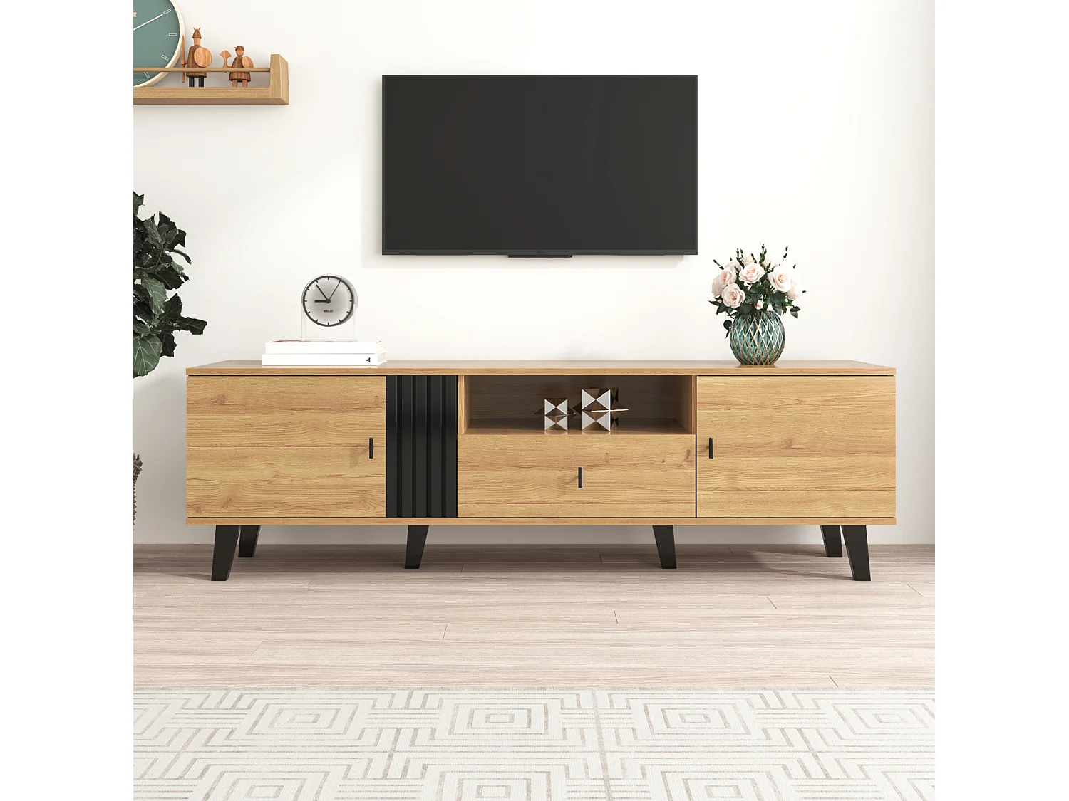 170cm TV-meubel in hout en zwart – Elegant dressoir met lades, veel opbergruimte en uniek design