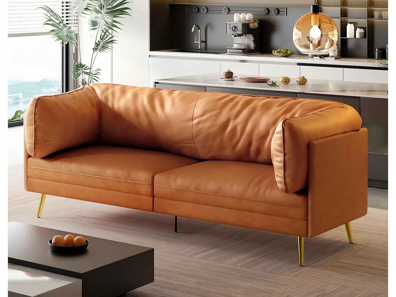 2/3-zitsbank in kunstleer, met diepe en comfortabele 56 cm zitkussens, 185x76x90 cm, oranje