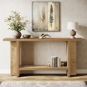 150 cm entreeconsoletafel, 2-laags smalle lange salontafel achter de bank voor de woonkamer 150 cm entreeconsoletafel, 2-laags smalle lange salontafel achter de bank voor de woonkamer