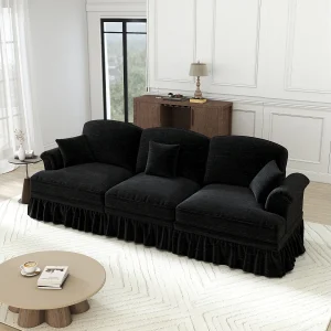 3-Zits Bank Chenille Mid-Century, Afneembare Hoes en 3 Kussens, 272×83.5x93cm, Zwart