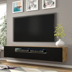 Aurus Zwart en Hout 3-deurs TV-element voor wandmontage, 200 cm Aurus Zwart en Hout 3-deurs TV-element voor wandmontage, 200 cm