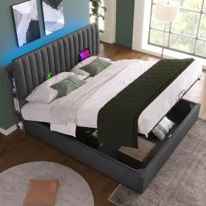 160×200 cm volwassen bed – met hoofdbord met opbergruimte, USB/Type-C verlichting, ledverlichting, lattenbodem – linnen – grijs – exclusief matras 160×200 cm volwassen bed – met hoofdbord met opbergruimte, USB/Type-C verlichting, ledverlichting, lattenbodem – linnen – grijs – exclusief matras