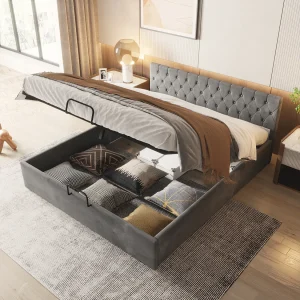 180x200cm Opbergbed – Tweepersoonsbed met gestoffeerd hoofdeinde – grijs fluweel – matras niet inbegrepen