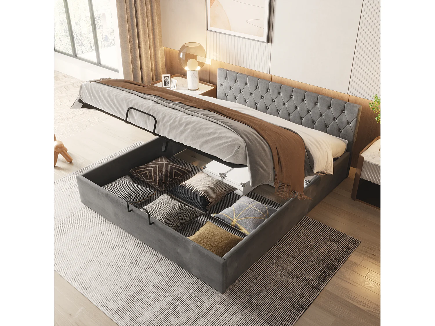 180x200cm Opbergbed - Tweepersoonsbed met gestoffeerd hoofdeinde - grijs fluweel - matras niet inbegrepen