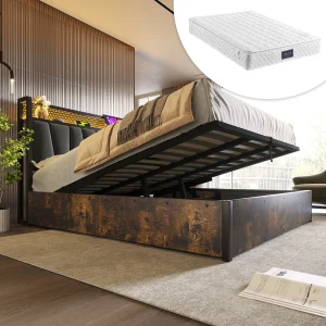 160×200 cm opbergbed – met hoofdbord met opbergruimte, RGBW ledverlichting, USB-aansluiting, lattenbodem – linnen – grijs – inclusief matras 160×200 cm opbergbed – met hoofdbord met opbergruimte, RGBW ledverlichting, USB-aansluiting, lattenbodem – linnen – grijs – inclusief matras