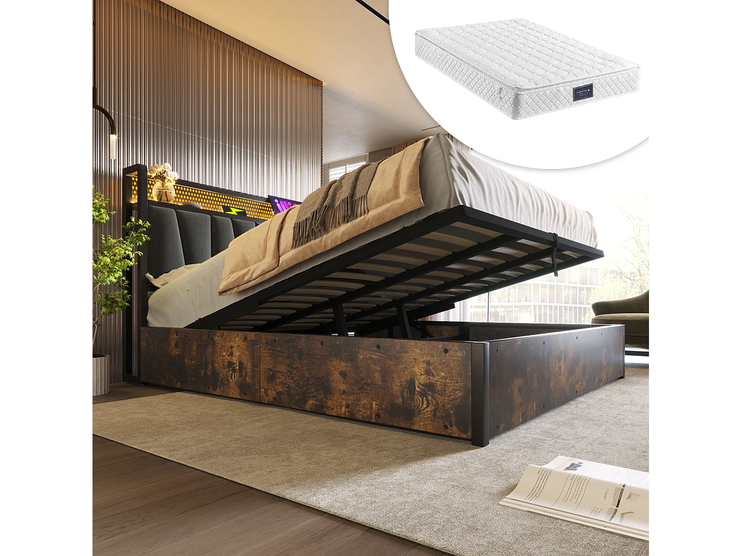 160x200 cm opbergbed - met hoofdbord met opbergruimte, RGBW ledverlichting, USB-aansluiting, lattenbodem - linnen - grijs - inclusief matras