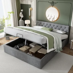 140x200cm Opbergbed – Tweepersoonsbed met gestoffeerd hoofdeinde – grijs fluweel – matras niet inbegrepen