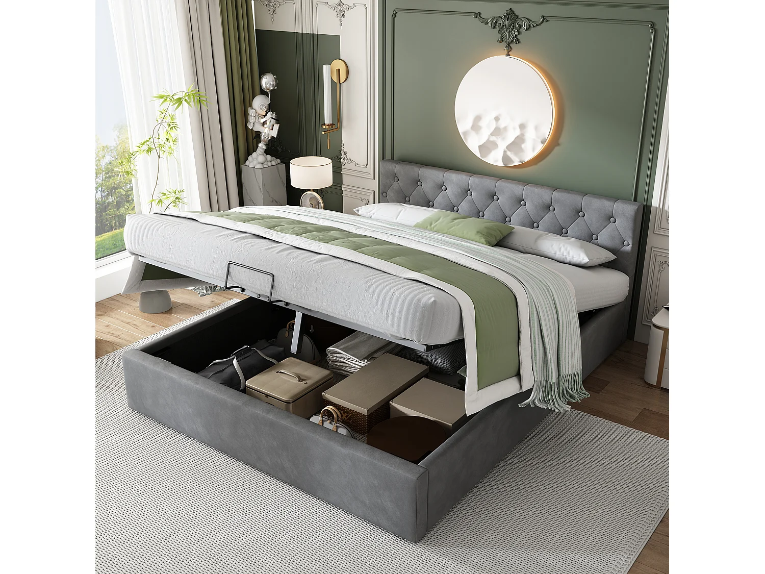 140x200cm Opbergbed - Tweepersoonsbed met gestoffeerd hoofdeinde - grijs fluweel - matras niet inbegrepen