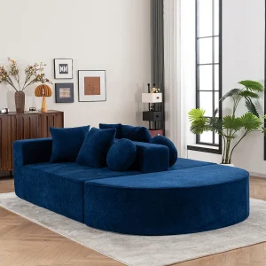 5-zitsbank – Segmentbank met 6 kussens en armleuningen – blauwe chenille