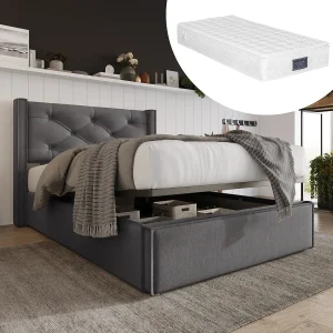 90×200 cm Opbergbed – Eenpersoonsbed met gestoffeerd hoofdeinde – Katoengrijs – Inclusief matras