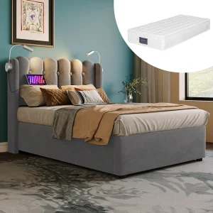 90 x 200 cm Opbergbed – Eenpersoonsbed met oplaadbare leeslamp – Grijs fluweel – Inclusief matras 90 x 200 cm Opbergbed – Eenpersoonsbed met oplaadbare leeslamp – Grijs fluweel – Inclusief matras