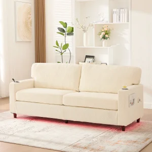 2-zitsbank met ledverlichting – Rechte bank met bekerhouder en zijzakken – beige chenille 2-zitsbank met ledverlichting – Rechte bank met bekerhouder en zijzakken – beige chenille