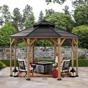 Achthoekige houten patiogazebo met stalen dak en plafondhaak EGGI 395 cm x 395 cm Achthoekige houten patiogazebo met stalen dak en plafondhaak EGGI 395 cm x 395 cm