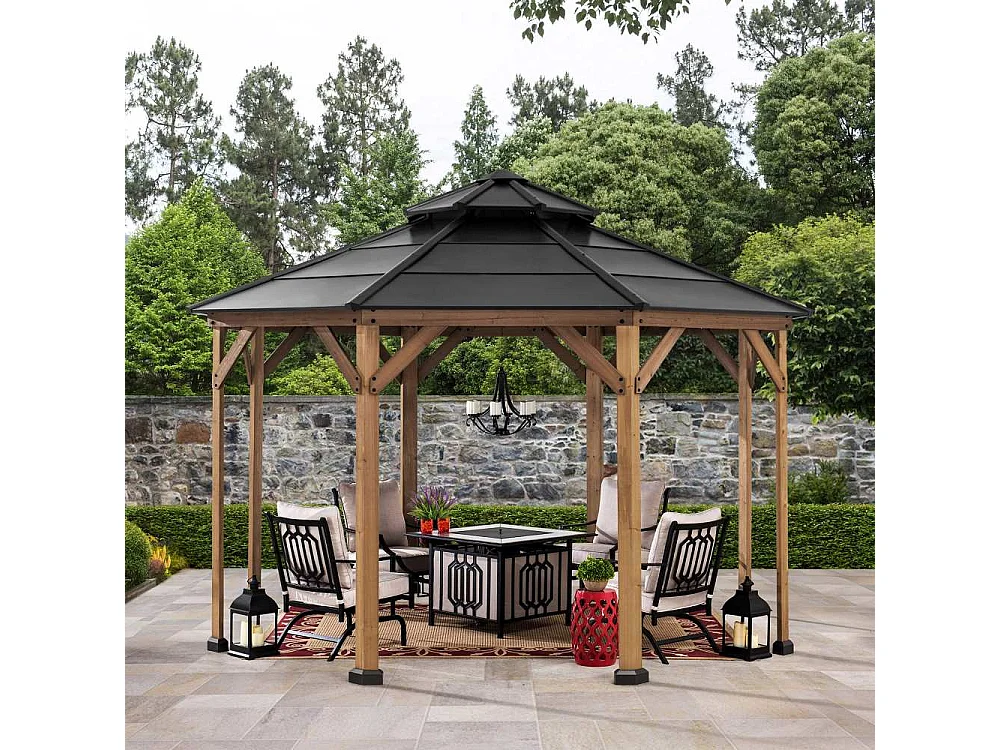 Achthoekige houten patiogazebo met stalen dak en plafondhaak EGGI 395 cm x 395 cm