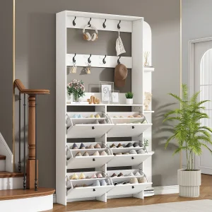 3-in-1 kapstok voor de hal – 120 x 24 x 200 cm – met 8 haken + 6 schoenrekken – spaanplaat – wit 3-in-1 kapstok voor de hal – 120 x 24 x 200 cm – met 8 haken + 6 schoenrekken – spaanplaat – wit