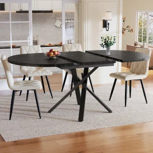 5-delige eethoek met uitschuifbare tafel (100-140 cm) + 4 fluwelen stoelen – MDF + metaal – beige + zwart 5-delige eethoek met uitschuifbare tafel (100-140 cm) + 4 fluwelen stoelen – MDF + metaal – beige + zwart