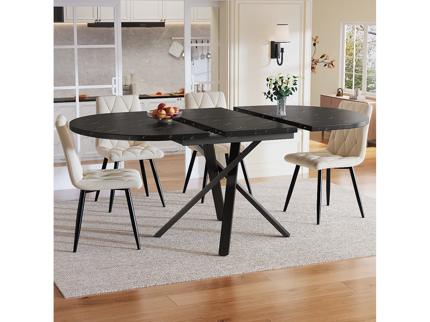 5-delige eethoek met uitschuifbare tafel (100-140 cm) + 4 fluwelen stoelen - MDF + metaal - beige + zwart