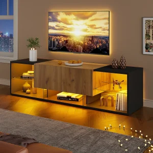 3-laags tv-meubel – 160 x 40 x 42 cm – met glazen plank + 2 lades – spaanplaat – zwart + naturel 3-laags tv-meubel – 160 x 40 x 42 cm – met glazen plank + 2 lades – spaanplaat – zwart + naturel