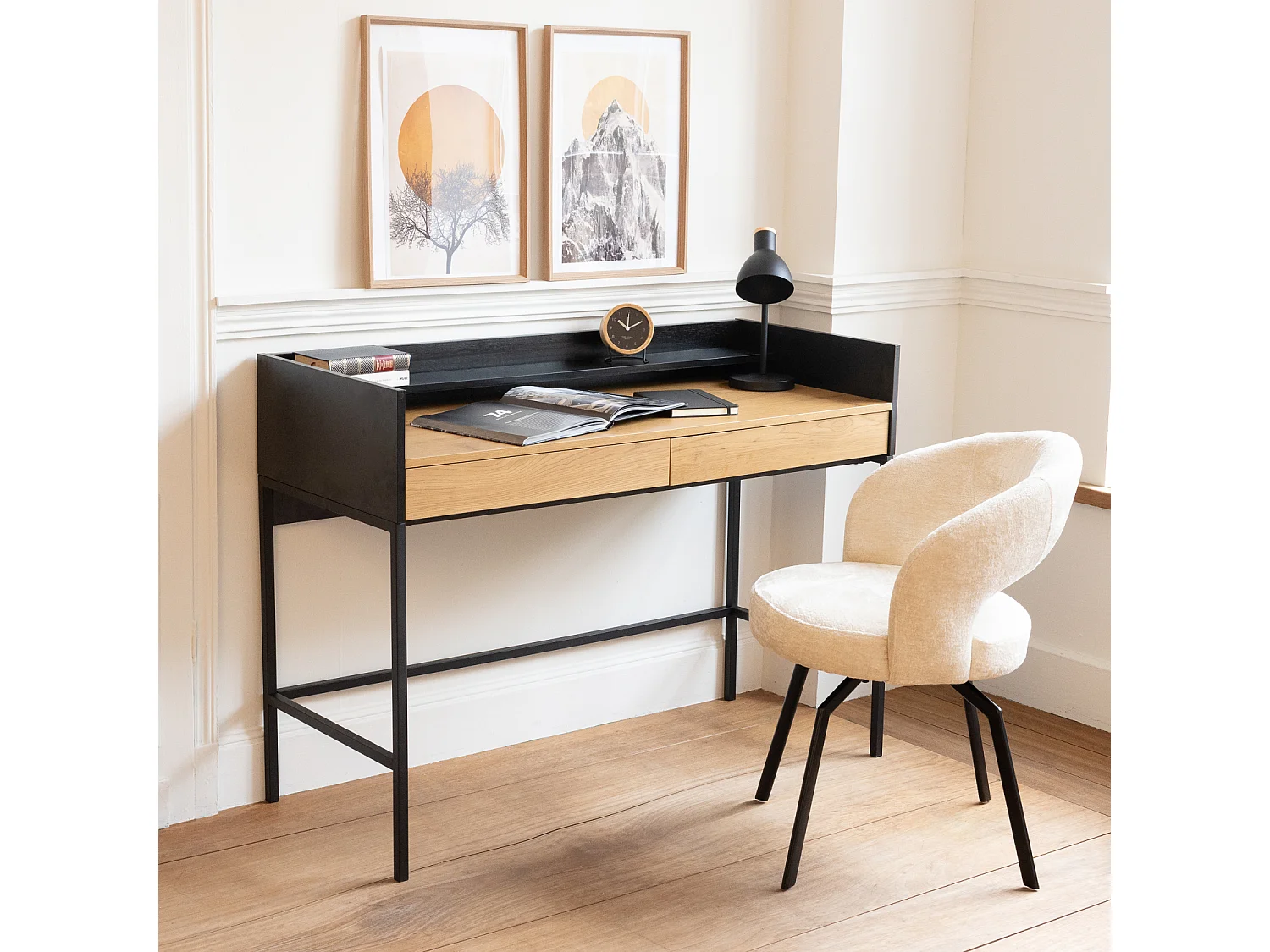ARTHUR bureau met 2 lades in hout en zwart