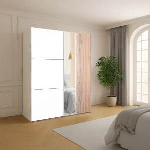 kledingkast 2 deuren met spiegel B203 cm in wit en licht naturel – ADOSILA