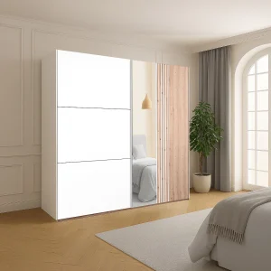 2-deurs kast met spiegel B250 cm in wit en licht naturel – ADOSILA