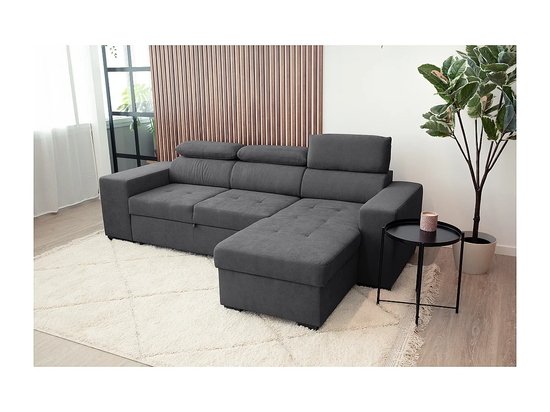 Slaapbank 3 zitplaatsen Zwart avec chaise longue omkeerbaar rechts/linksche – verstelbare hoofdsteunen – 2 Poufs (263 x 127 x 96 cm) – JOHN