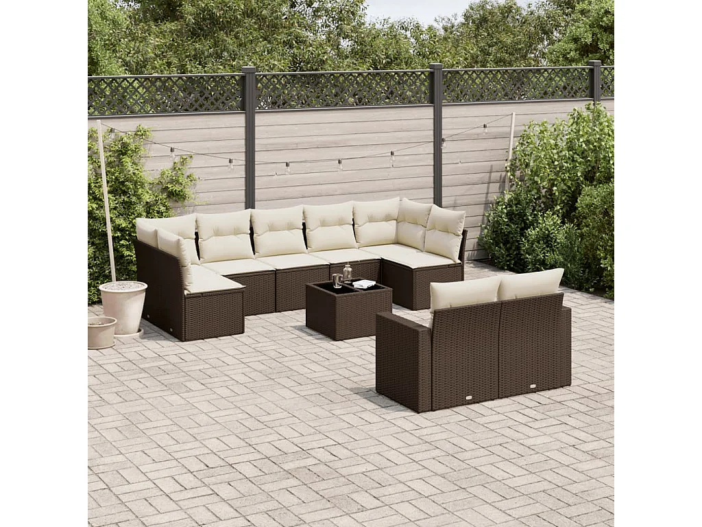 10-delige Loungeset met kussens poly rattan bruin