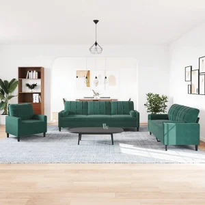 3-delige Loungeset met kussens en bolsters fluweel donkergroen