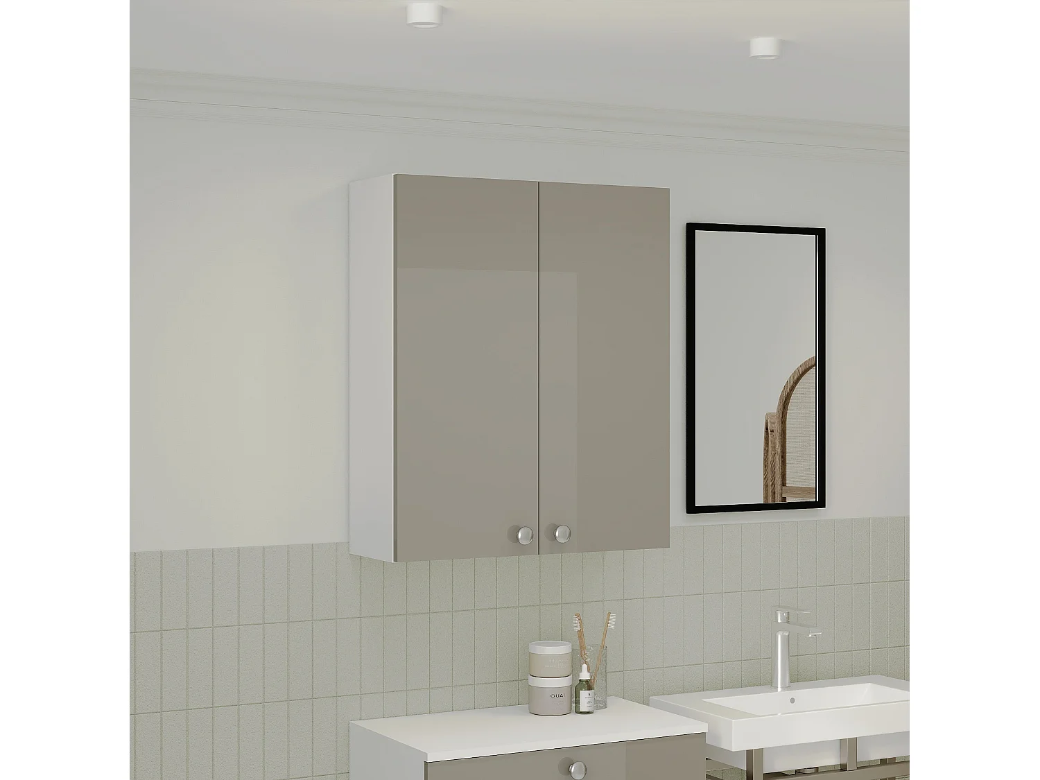 Badkamerkast Zaria, hangend, 2 deuren, grijs hoogglans/wit, MDF, L 60 x l 22 x H 72 cm