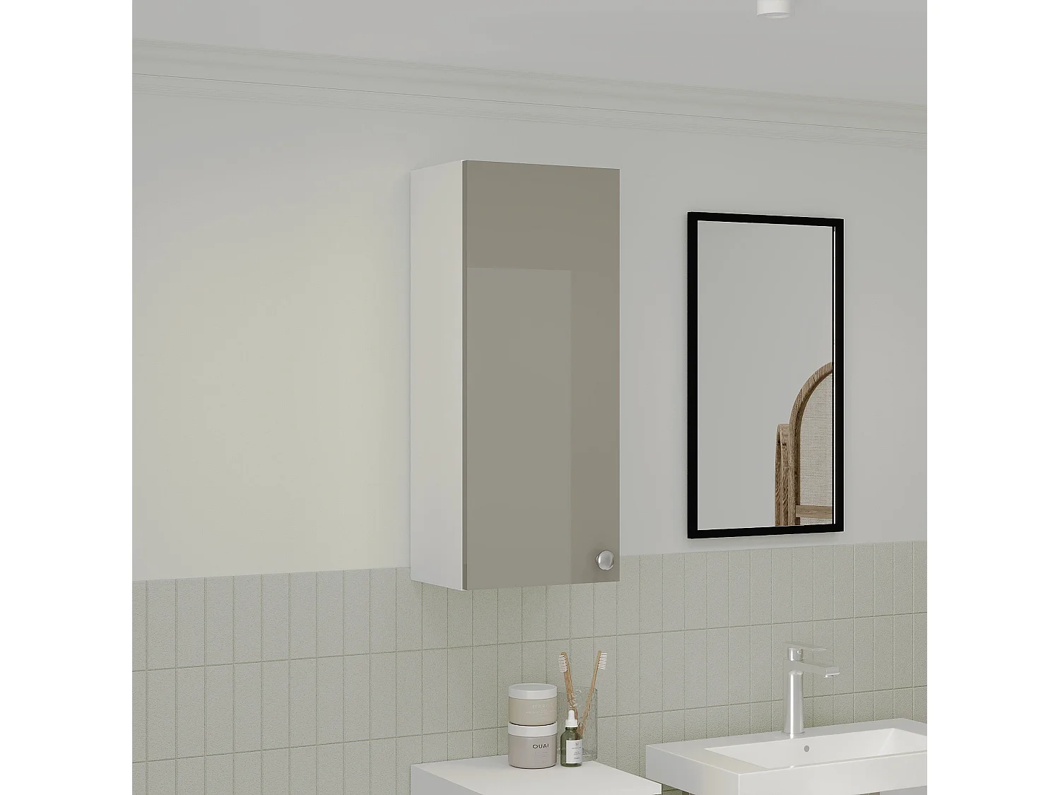 Badkamerkast Zaria, hangend, 1 deur, grijs hoogglans/wit, MDF, L 30 x l 22 x H 72 cm