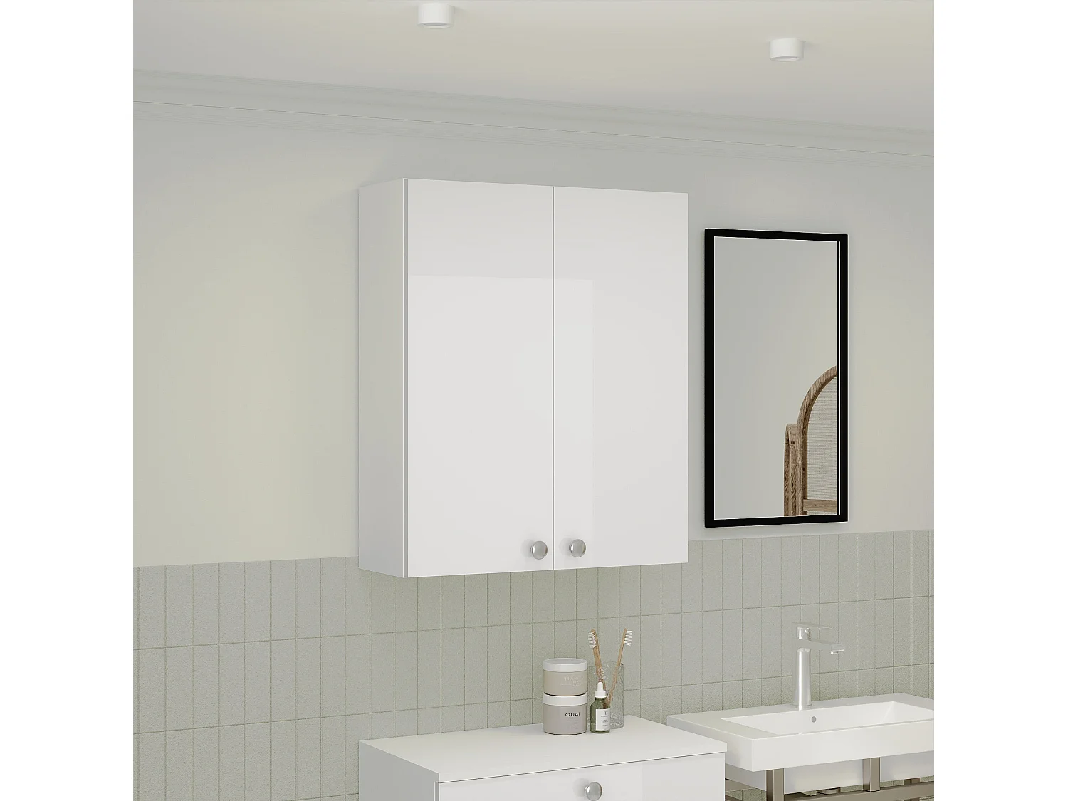 Badkamerkast Zaria, hangend, 2 deuren, wit hoogglans/wit, MDF, L 60 x l 22 x H 72 cm