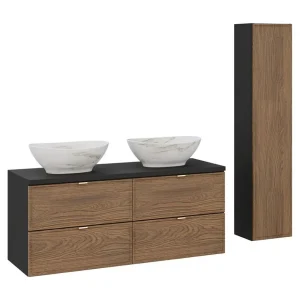 Badkamerset SAVIA: onderkastmeubel 120cm + opzetwasbak met marmer effect + opbergkolom Badkamerset SAVIA: onderkastmeubel 120cm + opzetwasbak met marmer effect + opbergkolom