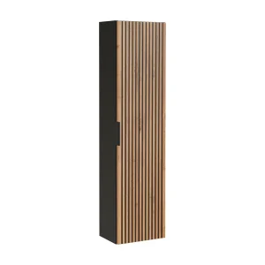 Badkamerkolom KINOKO – 1 deur – Afwerking met natuurlijk houteffect en zwarte lamellen – L35 × B25 × H140 cm – Om op te hangen Badkamerkolom KINOKO – 1 deur – Afwerking met natuurlijk houteffect en zwarte lamellen – L35 × B25 × H140 cm – Om op te hangen