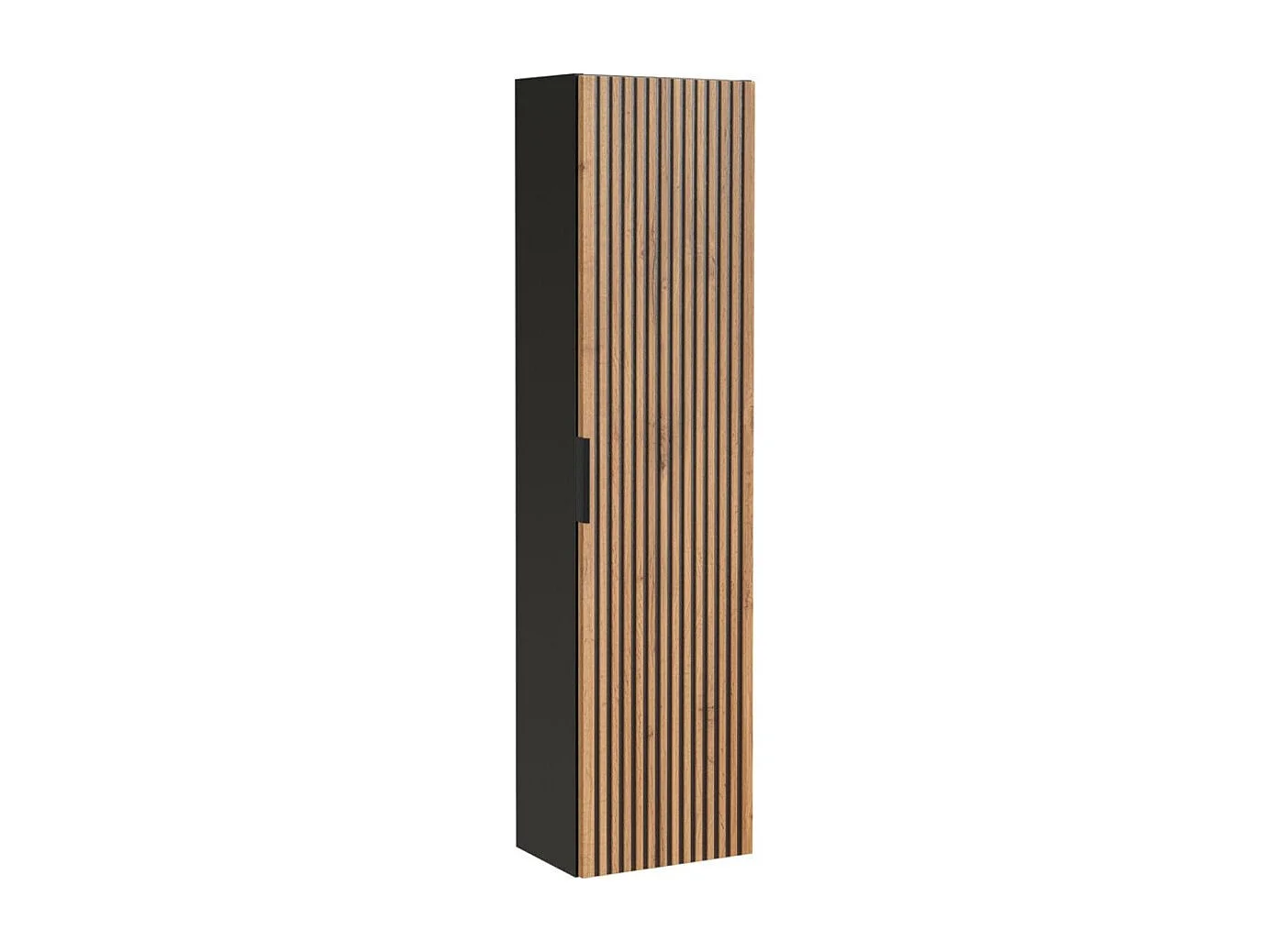 Badkamerkolom KINOKO – 1 deur – Afwerking met natuurlijk houteffect en zwarte lamellen – L35 × B25 × H140 cm – Om op te hangen