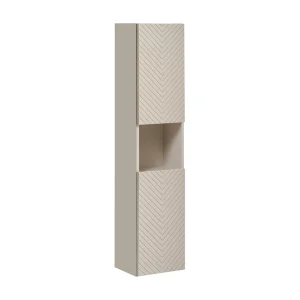 Badkamerkolom AOKI – 2 deuren – Afwerking in beige kasjmier met chevronpatroon – B30 × D25 × H140 cm – Om op te hangen Badkamerkolom AOKI – 2 deuren – Afwerking in beige kasjmier met chevronpatroon – B30 × D25 × H140 cm – Om op te hangen