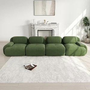 Bank 4 Zits Modulair van Ribfluweel – met 4 Kussens – 388x103x75cm – Groen Bank 4 Zits Modulair van Ribfluweel – met 4 Kussens – 388x103x75cm – Groen