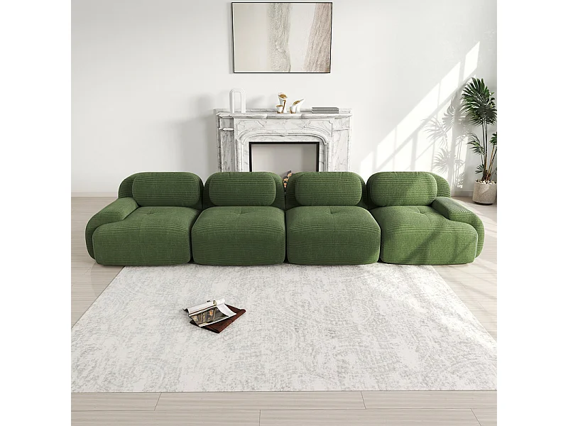 Bank 4 Zits Modulair van Ribfluweel - met 4 Kussens - 388x103x75cm - Groen