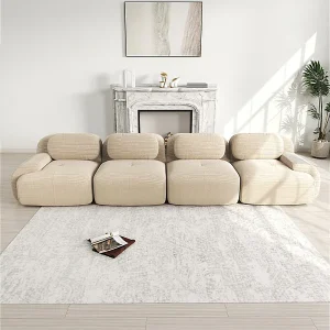 Bank 4 Zits Modulair van Ribfluweel – met 4 Kussens – 388x103x75cm – Beige Bank 4 Zits Modulair van Ribfluweel – met 4 Kussens – 388x103x75cm – Beige