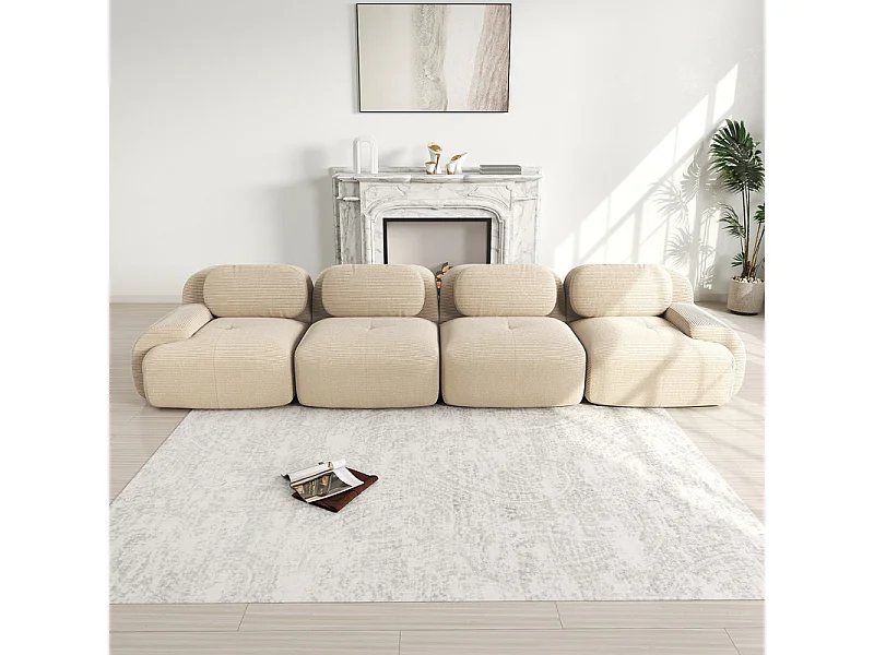 Bank 4 Zits Modulair van Ribfluweel - met 4 Kussens - 388x103x75cm - Beige