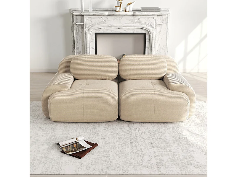 Bank 2 Zits Modulair van Ribfluweel - met 2 Kussens - 208x103x75cm - Beige
